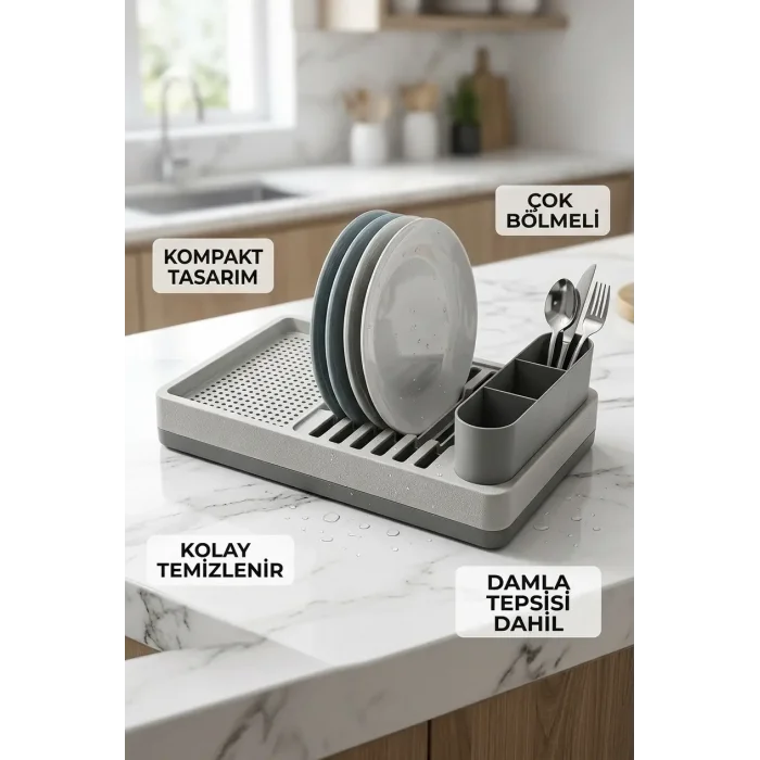 BUĞZ Minimal Gri Tezgah Üstü Bulaşıklık Tabak Bardak Kaşık Kurutmalık Mutfak Rafı