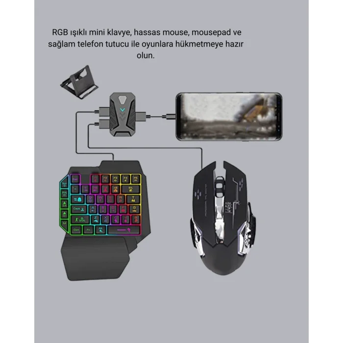 BUĞZ Mobil Gaming Oyun Seti 5in1 X8 Pro Çipset RGB Klavye Mouse Telefon Tutucu