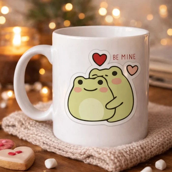 BUĞZ Model 41 Be Mine Tasarımlı Sevimli Kurbağa Desenli Porselen Kupa Aşk Temalı Özel Tasarım Kahve Kupası