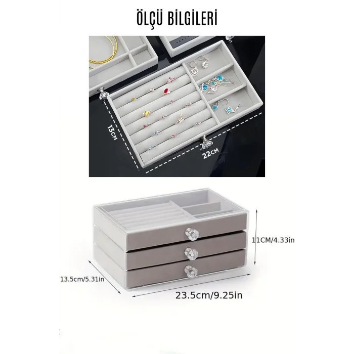  Modern Gri 3 Çekmeceli Takı Bijuteri Mücevher Kutusu Organizer Düzenleyici Şeffaf 13 X 23 X 10 Cm