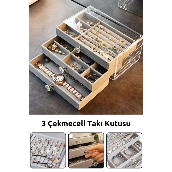  Modern Gri 3 Çekmeceli Takı Bijuteri Mücevher Kutusu Organizer Düzenleyici Şeffaf 13 X 23 X 10 Cm
