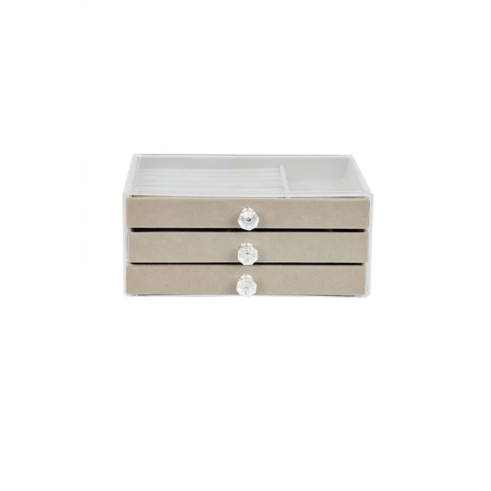  Modern Gri 3 Çekmeceli Takı Bijuteri Mücevher Kutusu Organizer Düzenleyici Şeffaf 13 X 23 X 10 Cm