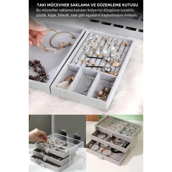  Modern Gri 3 Çekmeceli Takı Bijuteri Mücevher Kutusu Organizer Düzenleyici Şeffaf 13 X 23 X 10 Cm
