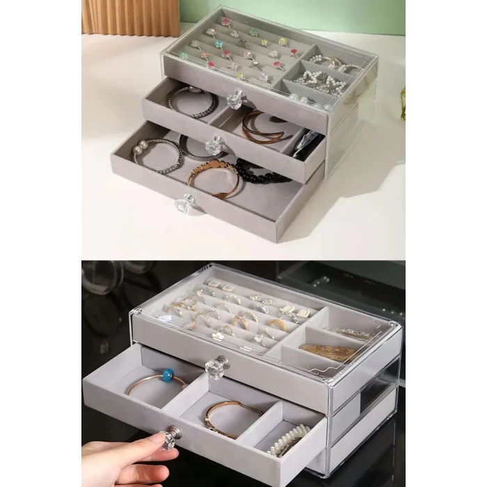  Modern Gri 3 Çekmeceli Takı Bijuteri Mücevher Kutusu Organizer Düzenleyici Şeffaf 13 X 23 X 10 Cm