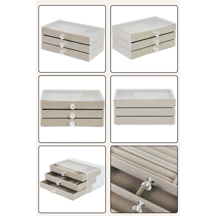  Modern Gri 3 Çekmeceli Takı Bijuteri Mücevher Kutusu Organizer Düzenleyici Şeffaf 13 X 23 X 10 Cm