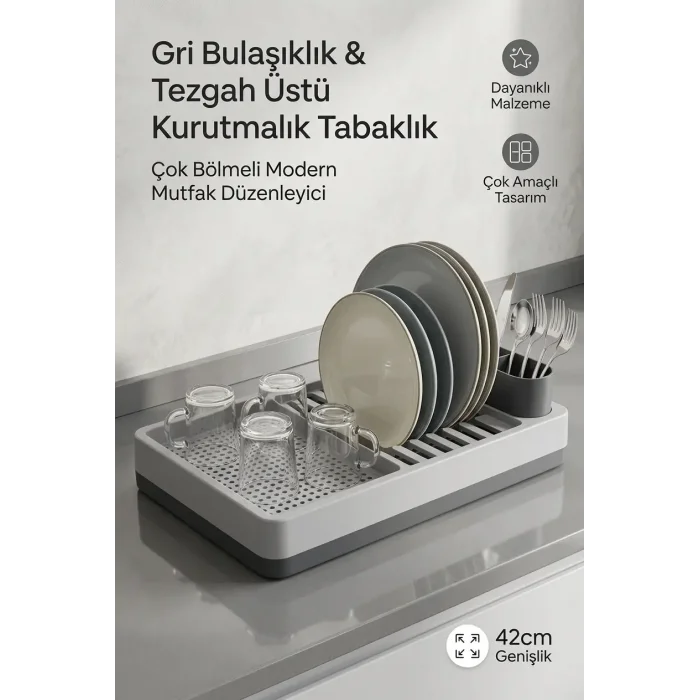 BUĞZ Modern Kurutmalık Tabaklık Gri Tezgah Üstü Bulaşıklık Bardaklık Standı Mutfak