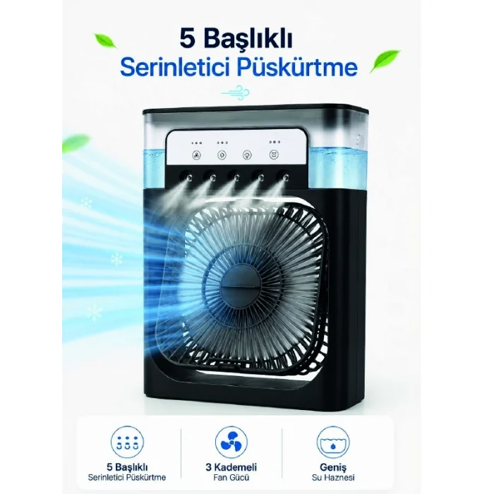 BUĞZ Modern Püskürtmeli Masaüstü Fan  Geniş Su Haznesi, 5 Sis Çıkışı, 3 Kademe Fan Gücü