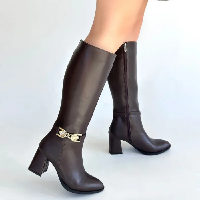 BUĞZ Mooni Kahverengi Cilt Topuklu Çizme - Lisinya