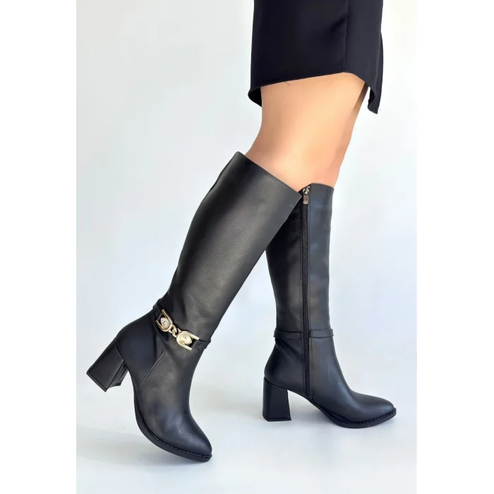 BUĞZ Mooni Siyah Cilt Topuklu Çizme - Lisinya