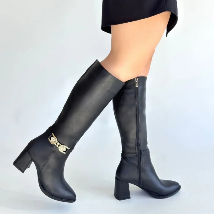 BUĞZ Mooni Siyah Cilt Topuklu Çizme - Lisinya