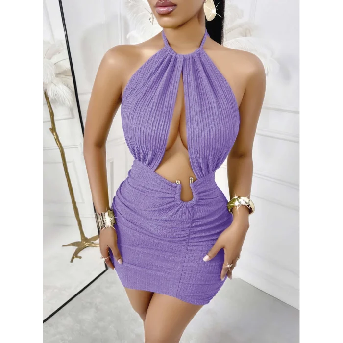 BUĞZ Mor Halka Detaylı Boyundan Bağlamalı Fantezi Elbise 5139