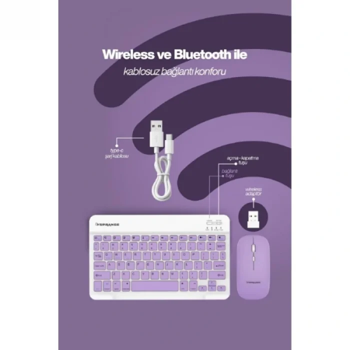 BUĞZ Mor Kablosuz Klavye Ve Mouse Seti