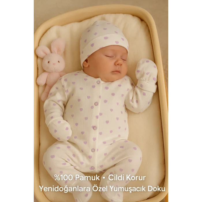 BUĞZ Mor Kalp Desenli %100 Pamuk Yenidoğan Hastane Çıkışı 5li Zıbın Seti