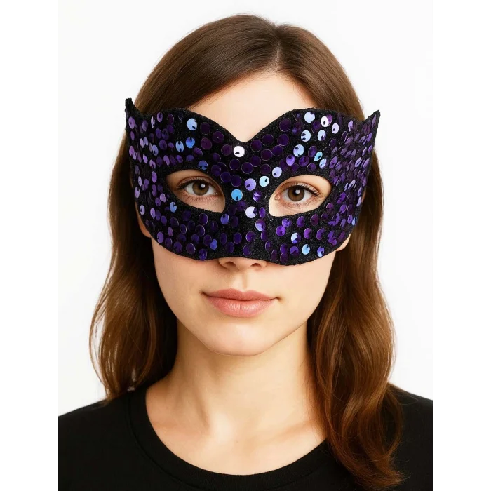  Mor Renk Arkadan Lastikli Pul Payet İşlemeli Balo After Parti Maskesi