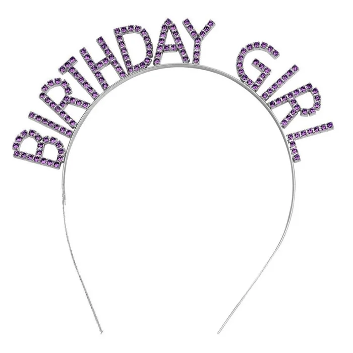 BUĞZ Mor Renk Kristal Taşlı Parlak Birthday Girl Yazılı Taç 16x17 Cm