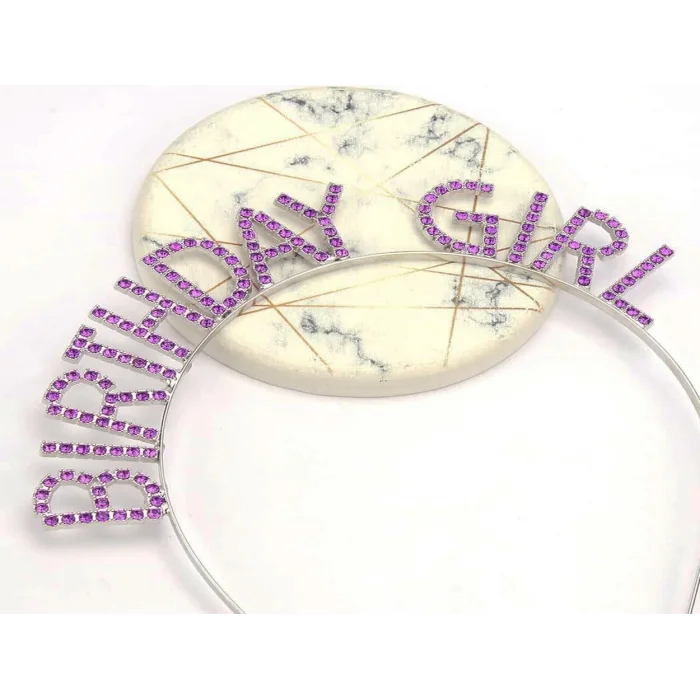  Mor Renk Kristal Taşlı Parlak Birthday Girl Yazılı Taç 16x17 cm