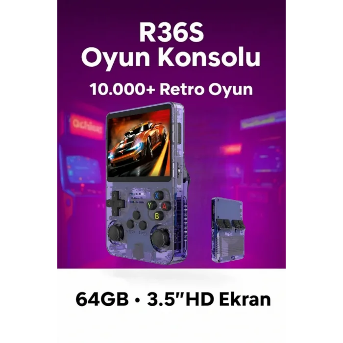 BUĞZ Mor Renkli Mini Retro Oyun Konsolu, 64GB Hafıza ve IPS Ekran ile 10.000 Oyun Sunar