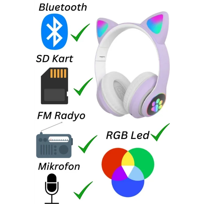 BUĞZ Mor RGB Işıklı Kulak Üstü Kulaklık, Kablolu ve Kablosuz Bağlantı ile Aktif Gürültü Önleme Özellikli