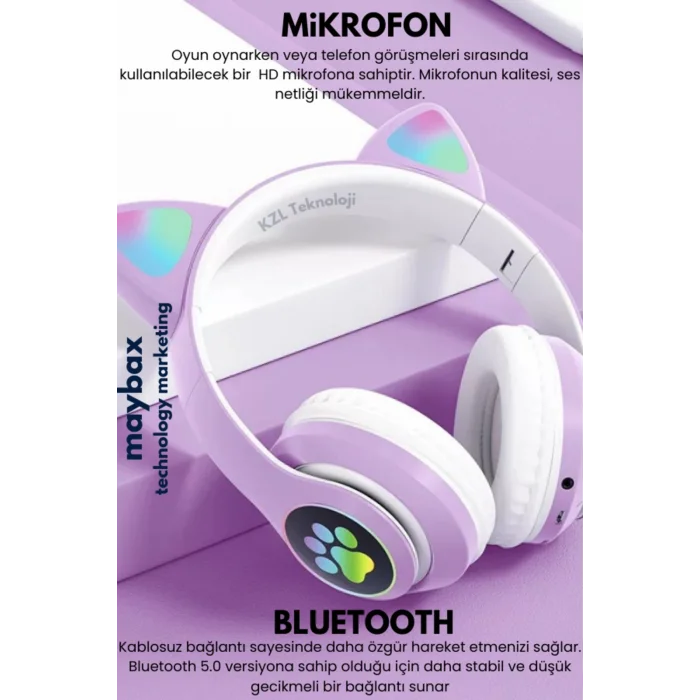 BUĞZ Mor RGB Işıklı Kulak Üstü Kulaklık, Kablolu ve Kablosuz Bağlantı ile Aktif Gürültü Önleme Özellikli
