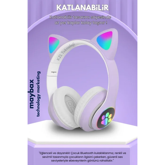 BUĞZ Mor RGB Işıklı Kulak Üstü Kulaklık, Kablolu ve Kablosuz Bağlantı ile Aktif Gürültü Önleme Özellikli