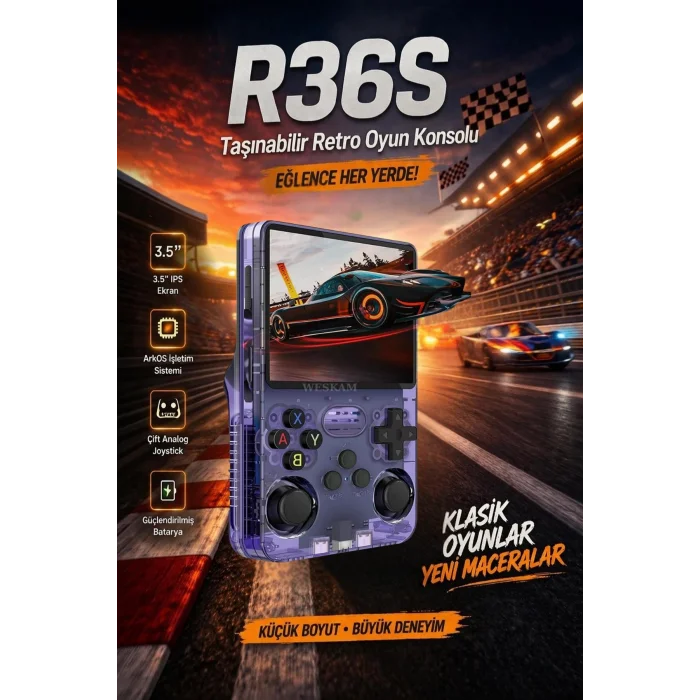 BUĞZ Mor taşınabilir retro oyun konsolu 64 GB hafıza 15.000+ yüklü oyun bluetooth yok
