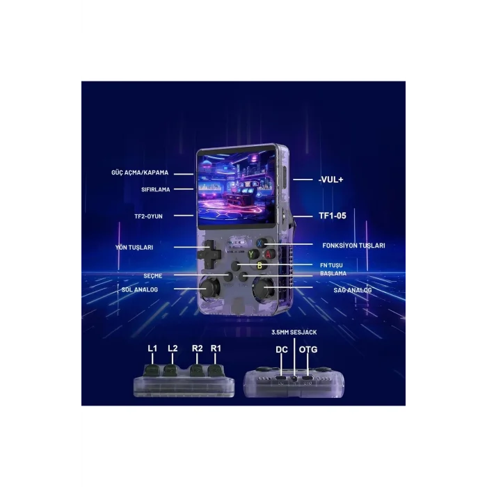 BUĞZ Mor taşınabilir retro oyun konsolu 64 GB hafıza 15.000+ yüklü oyun bluetooth yok