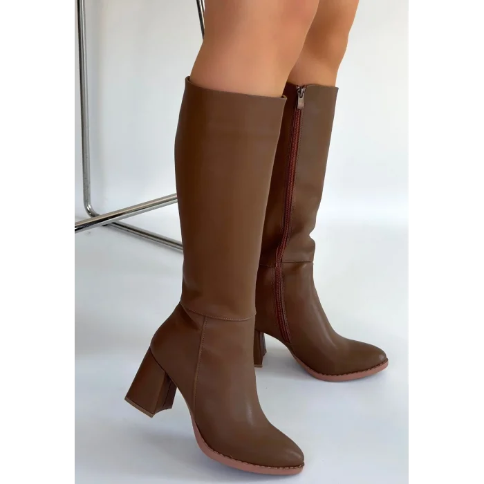 BUĞZ Morena Vizon Cilt BejTopuklu Çizme - Lisinya