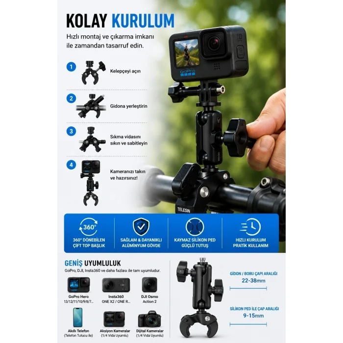 BUĞZ Motosiklet Bisiklet Gidon Kamera Montaj Metal Si 360° Döner Metal Tutucu