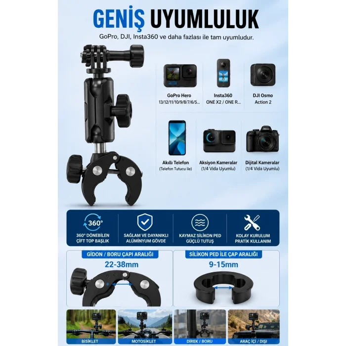 BUĞZ Motosiklet Bisiklet Gidon Kamera Montaj Metal Si 360° Döner Metal Tutucu