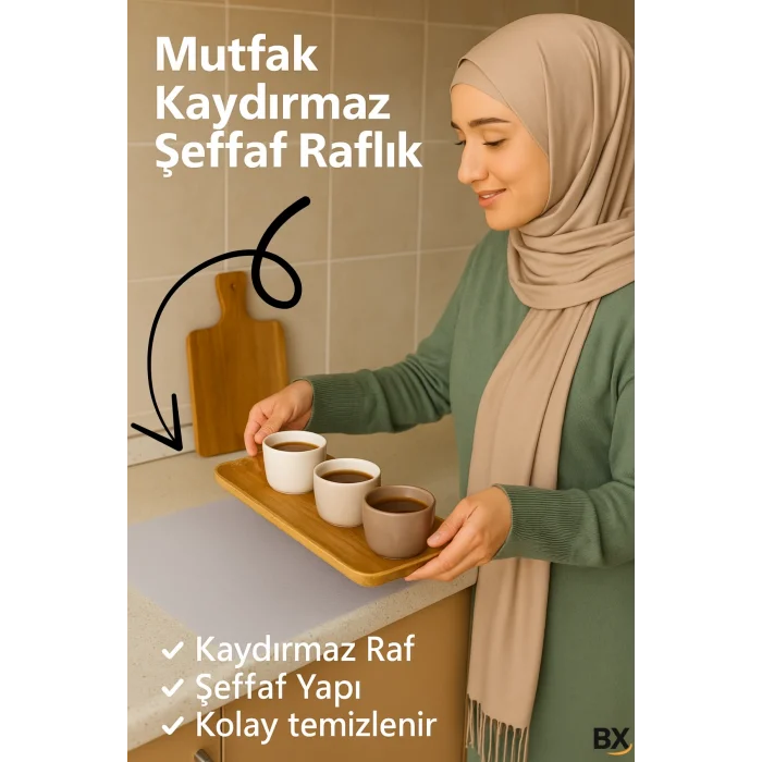  Mutfak Dolabı Çekmece Kaydırmaz Raf Örtüsü Şeffaf, Suya Dayanıklı, Kesilebilir Pvc 45x300 Cm