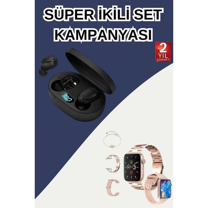 BUĞZ Nabız Ölçer Hediye Bileklikli Akıllı Saat ve Dijital Göstergeli Bluetooth Kulaklık Çoklu Şarj Girişi