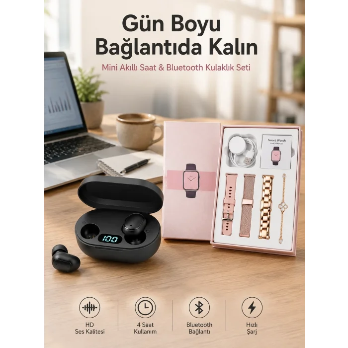 BUĞZ Nabız Ölçer Hediye Bileklikli Akıllı Saat ve Dijital Göstergeli Bluetooth Kulaklık Çoklu Şarj Girişi
