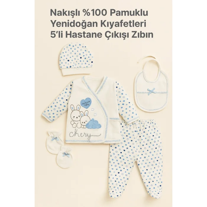 BUĞZ Nakışlı %100 Pamuk 5’li Yenidoğan Hastane Çıkışı Zıbın Seti | Tavşan Desenli Organik Bebek Kıyafetleri