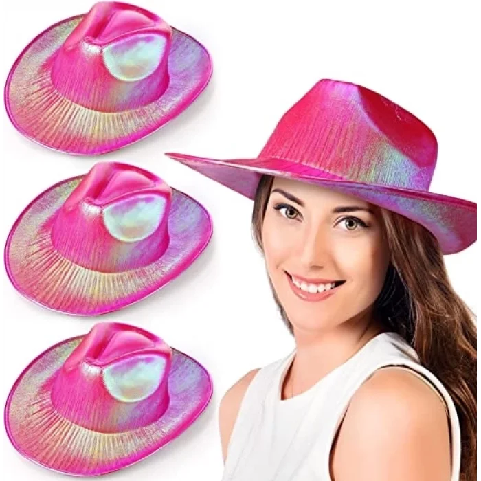  Neon Hologramlı Kovboy Model Parti Şapkası Fuşya Yetişkin 39X36X14 cm