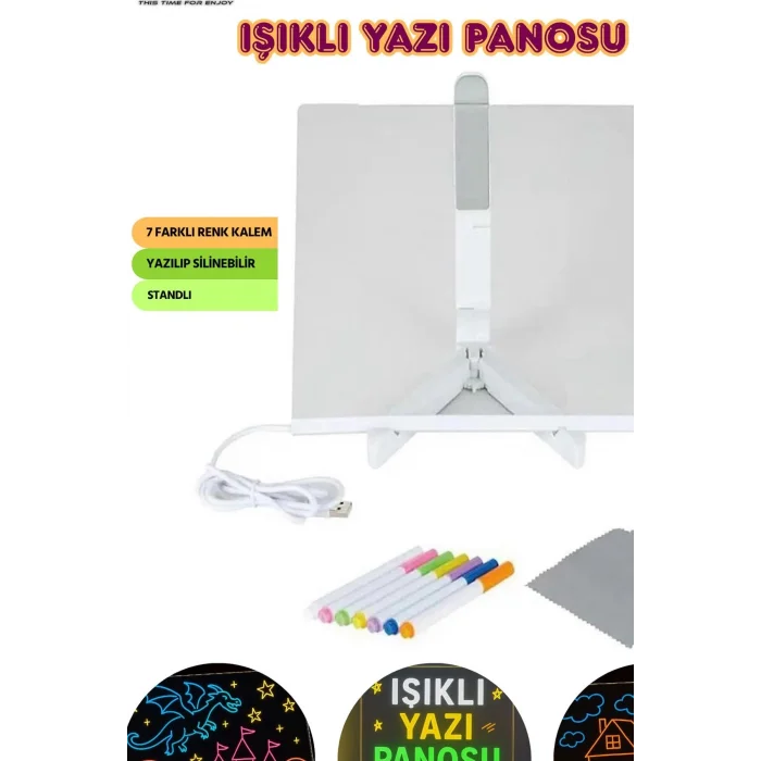 BUĞZ Neon Işıklı 7 Renk Işık Boyama Kalemli Led Resim Panosu Boyama Tahtası Kalemleri 20 X 20