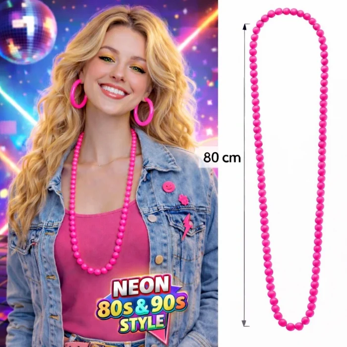 BUĞZ Neon Pembe Boncuk Kolye 80 cm – Retro 80’ler 90’lar Parti Aksesuarı