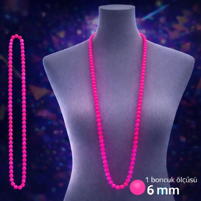 BUĞZ Neon Pembe Boncuk Kolye 80 cm – Retro 80’ler 90’lar Parti Aksesuarı