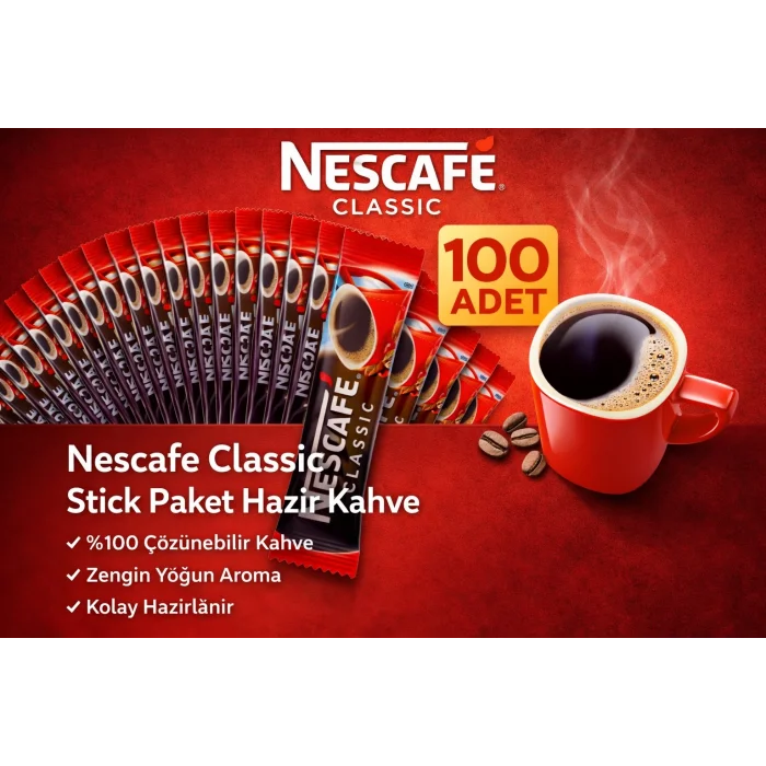 BUĞZ Nescafe Classic 2 gr Stick Hazır Kahve 100 Adet %100 Çözünebilir Yoğun Aromalı