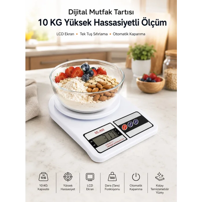BUĞZ Net LCD Ekran ve Otomatik Kapanma Özelliği ile Uzun Ömürlü Dijital Mutfak Tartısı