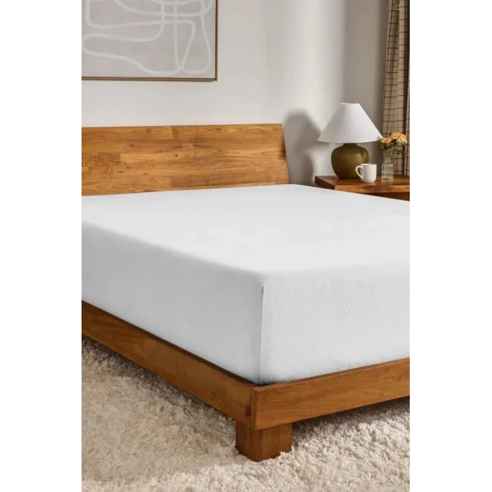 BUĞZ Eco Lounge Pamuk Çift Kişilik Lastikli(fitted)  Penye Çarşaf Beyaz