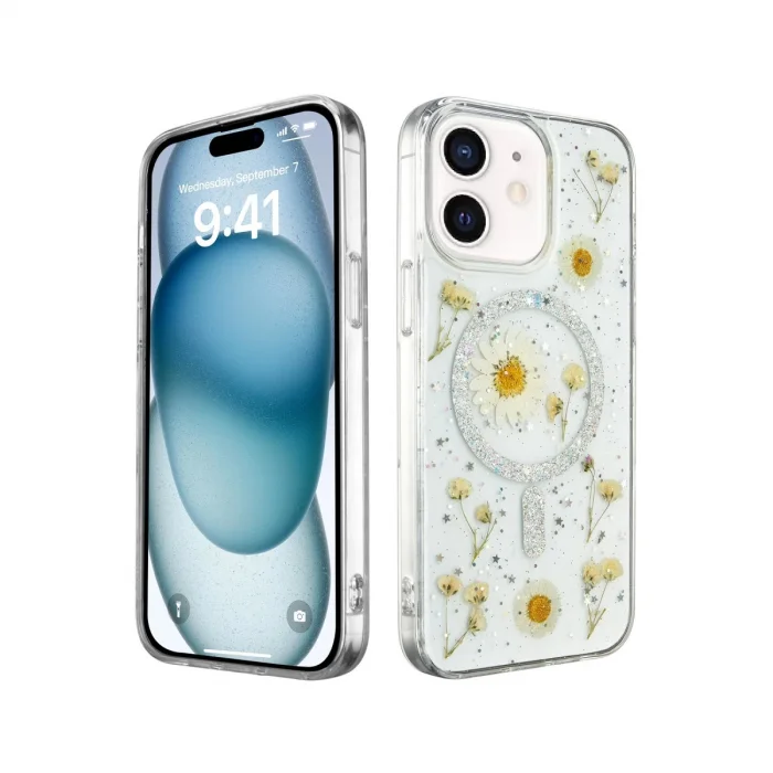 BUĞZ İphone 12 Kılıf Daisy Simli Magsafe Kapak - Gümüş