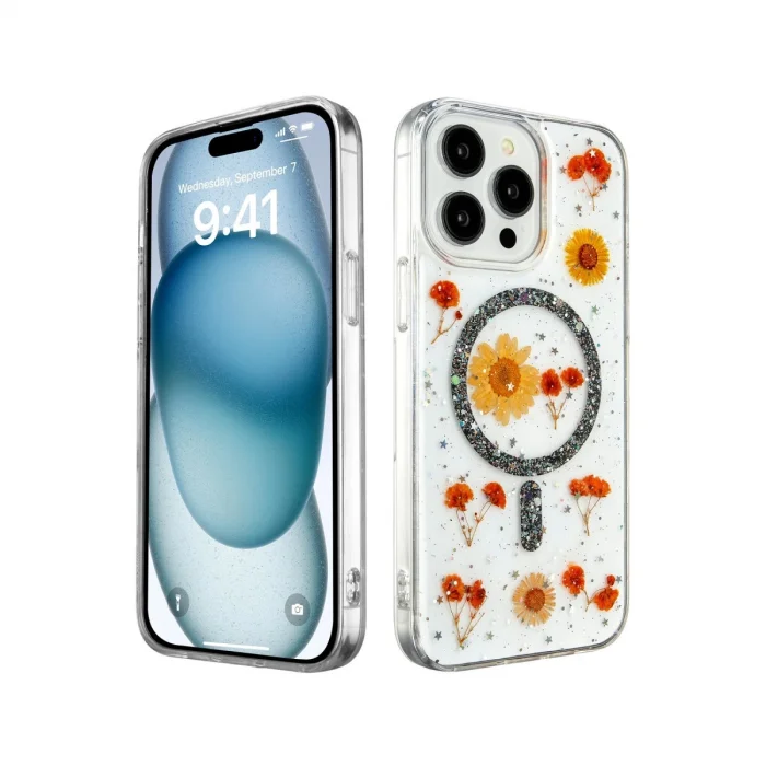 BUĞZ İphone 15 Pro Kılıf Daisy Simli Magsafe Kapak - Siyah