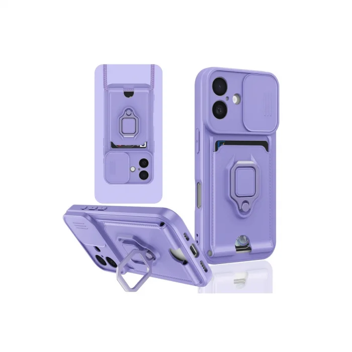 BUĞZ İphone 16 Kılıf Zuma Kartvizitli Yüzüklü Silikon - Lila