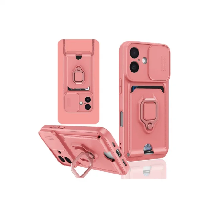 BUĞZ İphone 16 Kılıf Zuma Kartvizitli Yüzüklü Silikon - Pembe