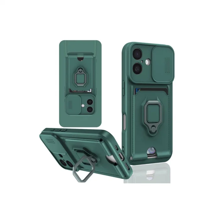 BUĞZ İphone 16 Kılıf Zuma Kartvizitli Yüzüklü Silikon - Yeşil