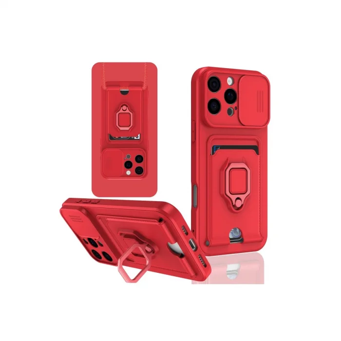 BUĞZ İphone 16 Pro Kılıf Zuma Kartvizitli Yüzüklü Silikon - Kırmızı