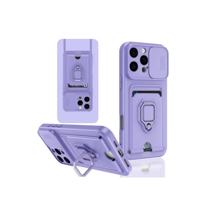 BUĞZ İphone 16 Pro Kılıf Zuma Kartvizitli Yüzüklü Silikon - Lila