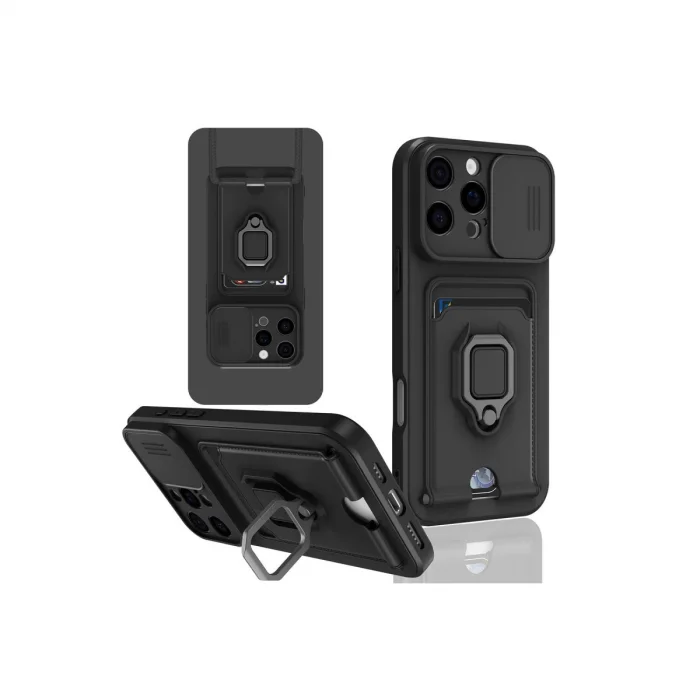 BUĞZ İphone 16 Pro Kılıf Zuma Kartvizitli Yüzüklü Silikon - Siyah