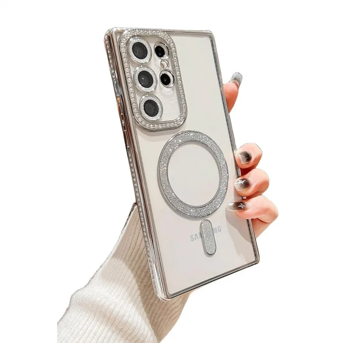 BUĞZ Samsung Galaxy S24 Ultra Kılıf Joke Simli Magneticsafe Kılıf - Gümüş