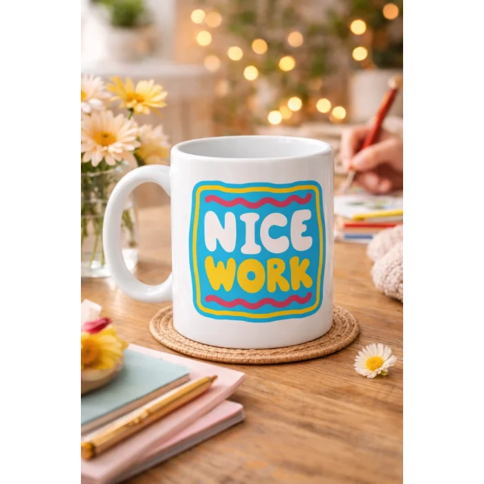 BUĞZ Nice Work HARİKA İŞ ÇIKARDIN Yazılı Porselen Kupa MODEL 147 – Motivasyon Kupası – Tebrik & Başarı Temalı Kahve Kupası – Hediye Fikri